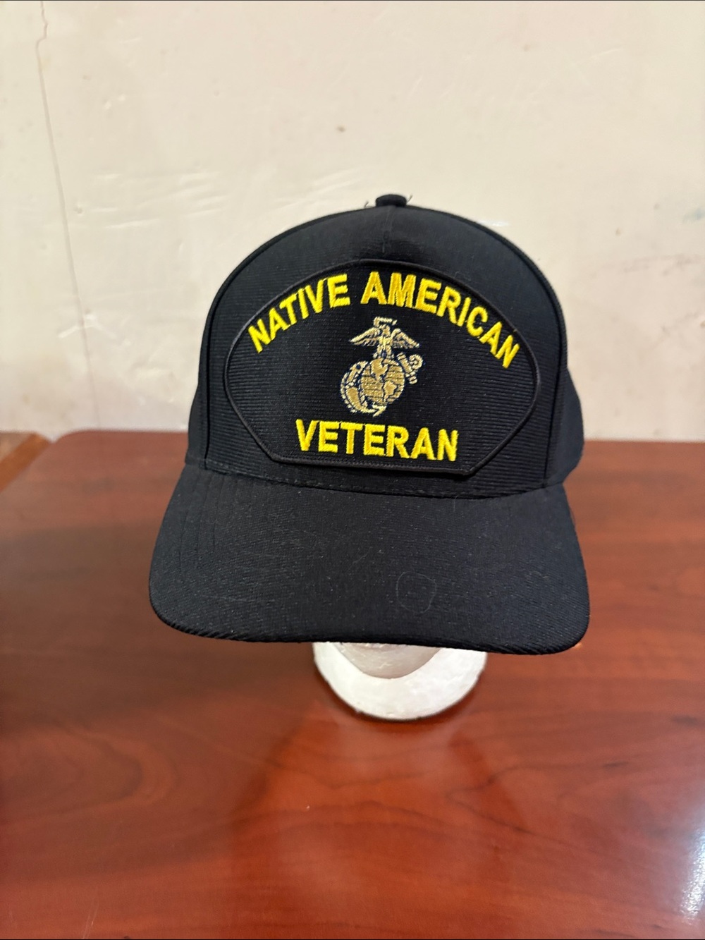 Native American Veteran U. S. Marine Corps Emblem Embroidered Black Hat